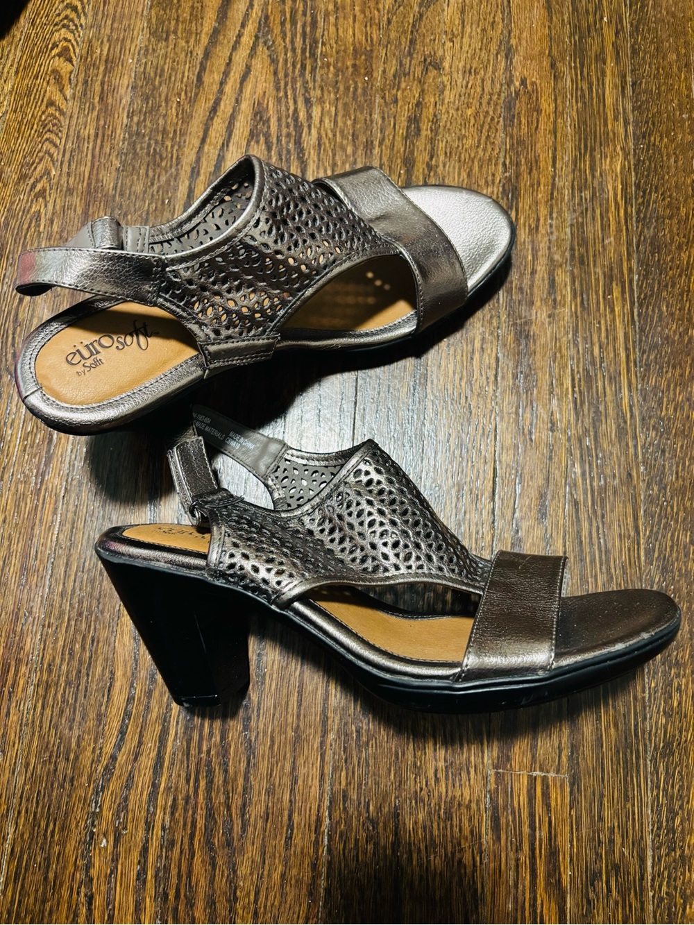 EUROSOFT, Metallic Brown Perforated Block Heel Sandals, Size 10